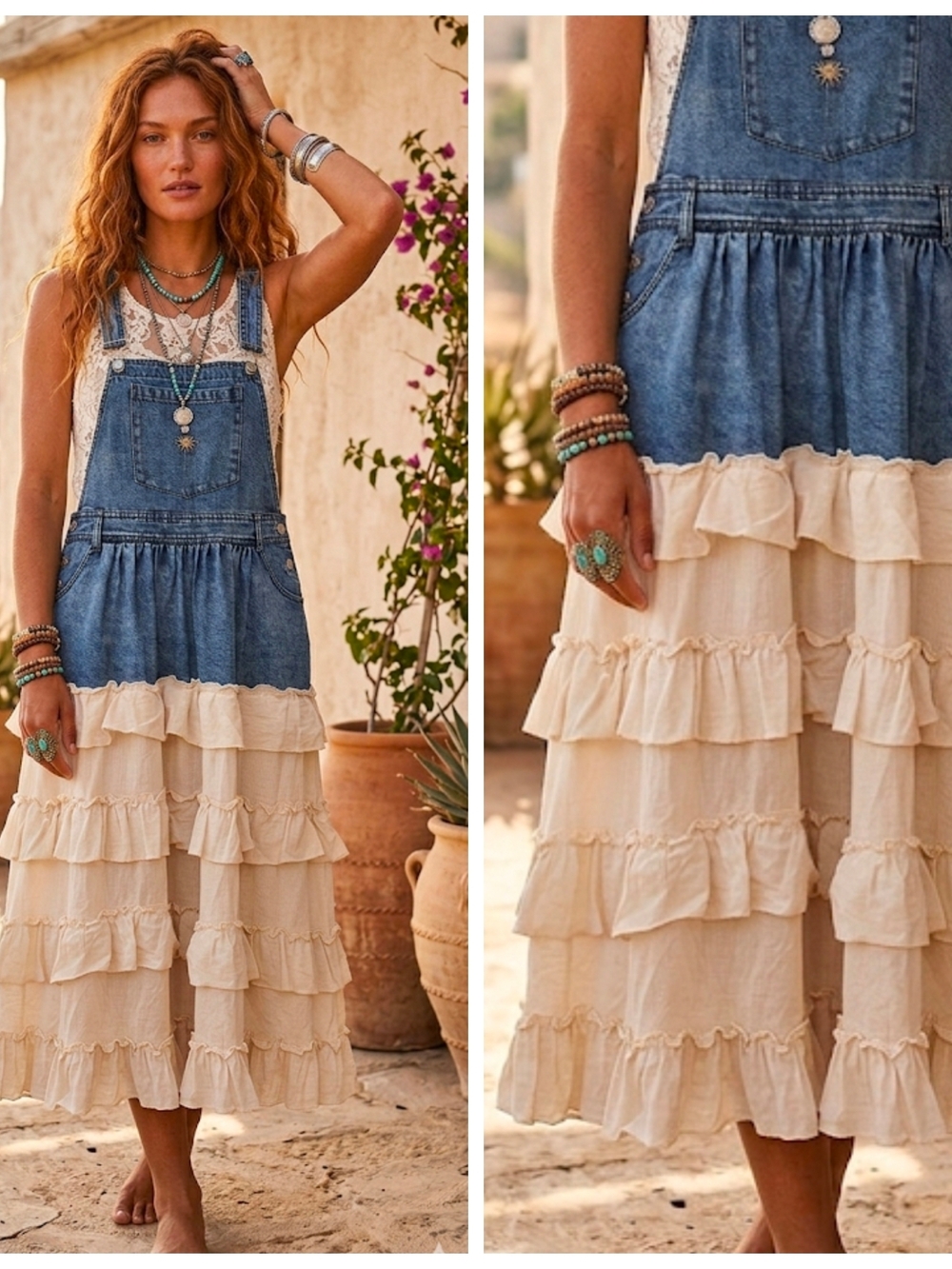 Denim Bib Tiered Ruffle Women’s Dress - Blue and Cream
